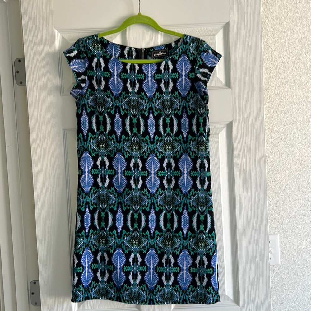Sam Edelman blue green patterned sheath cocktail dress